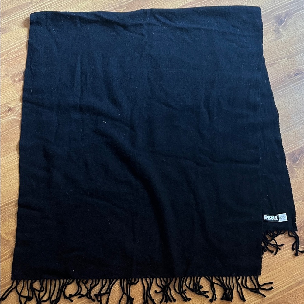 DKNY Classic Blue/Black Fringe Wrap, 100% wool.